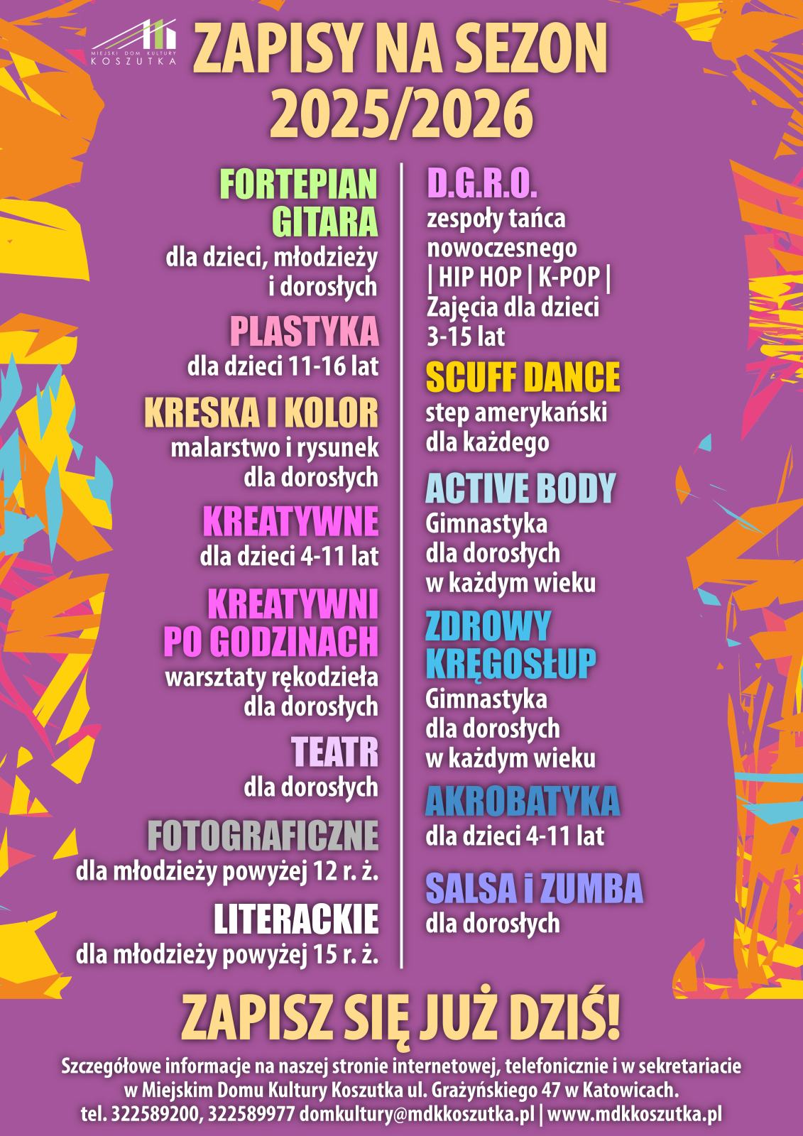 Plakat z wypisanymi zajęciami 