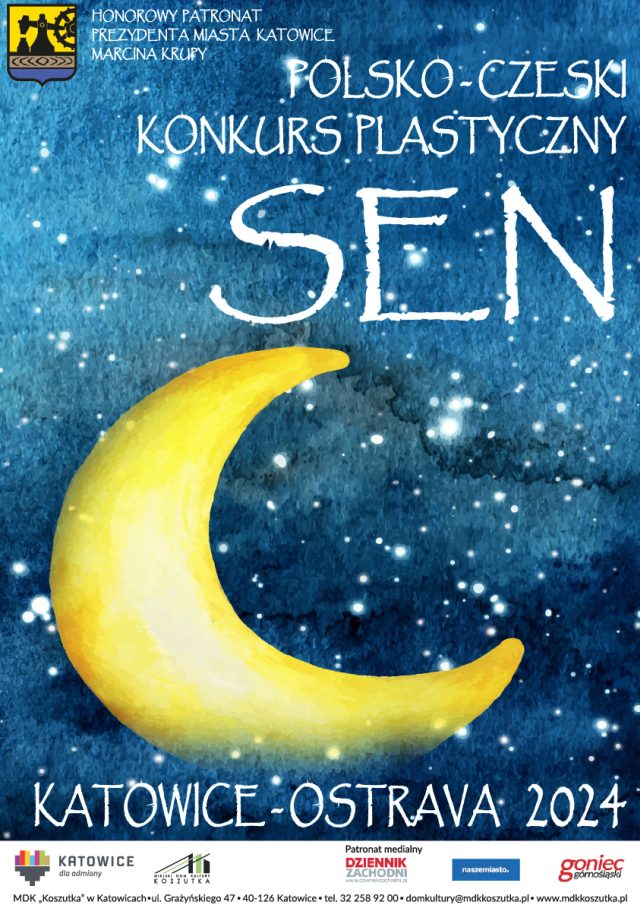 Plakat konkursu, księżyć na niebieskim nocnym niebie.